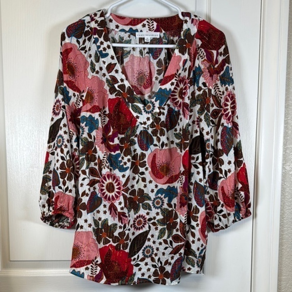 Jane + Delaney Floral White L/S V-Neck Blouse Size XL NWT #2961
